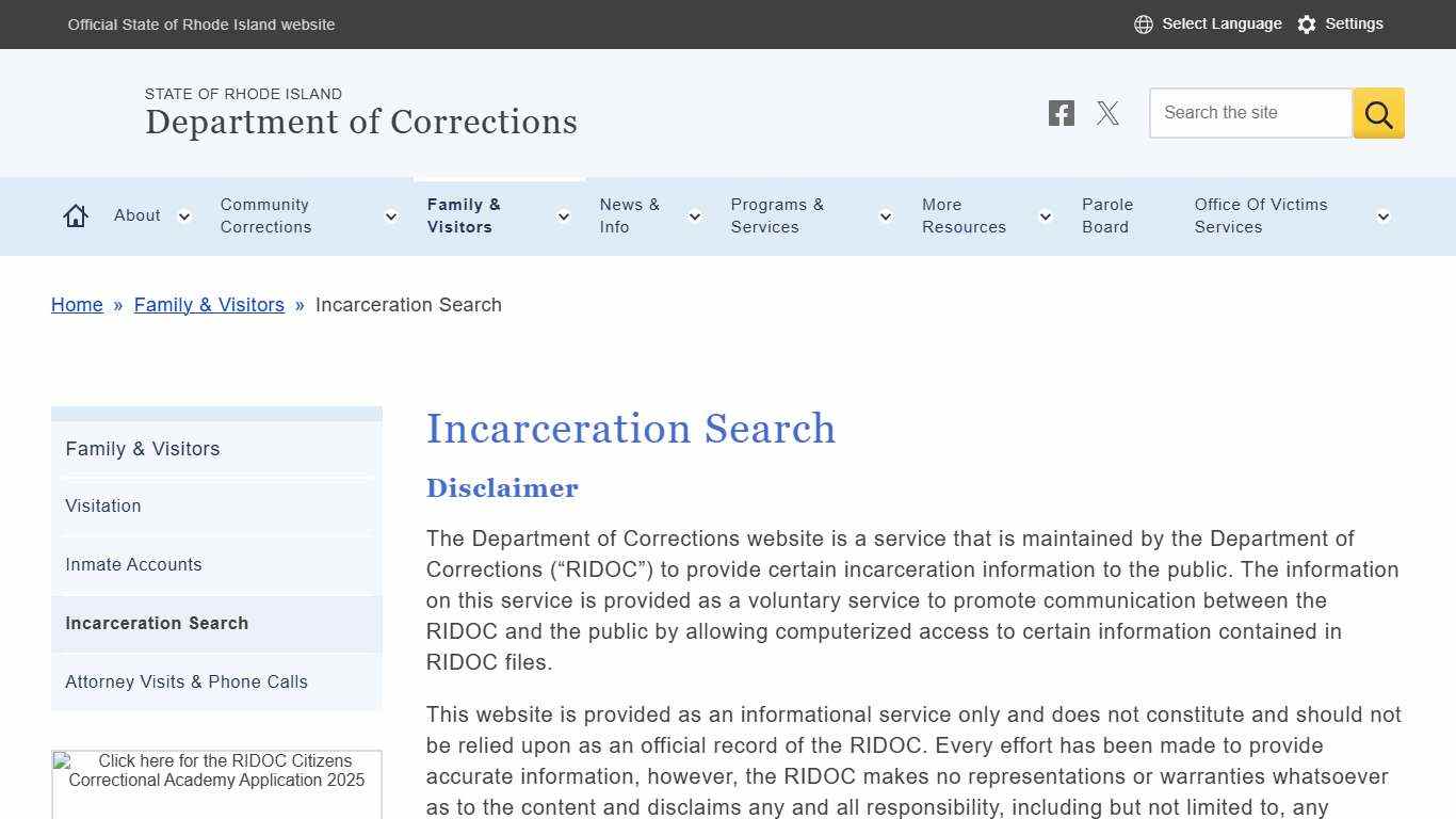 Incarceration Search Department of Corrections